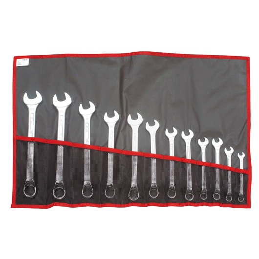Facom 41_JE12T combination wrench set in roll-up pouch, front view, showing twelve wrenches, black and red trim.