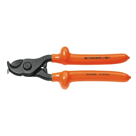 Facom 412_14AVSE insulated cable cutter with orange handles, side view, photography of hand tool.