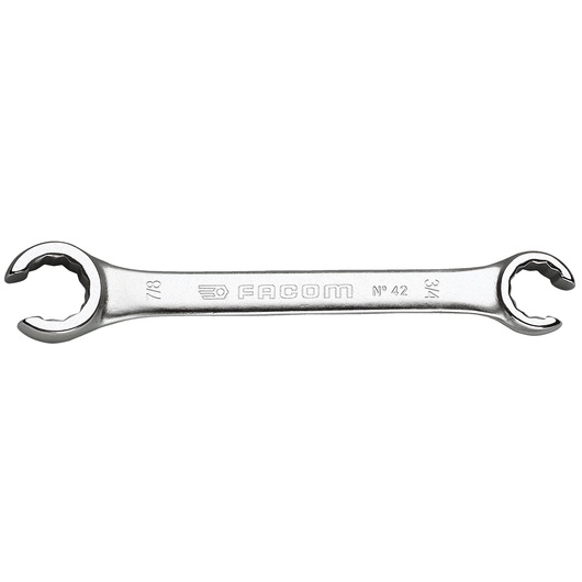Photo of Facom open end flare nut wrench 42_3_4x7_8, chrome finish, dual size 3/4 and 7/8, top view on white background.