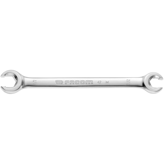 Facom 42_7_16x1_2 open-end wrench, silver, dual head, size markings, horizontal front view, white background.