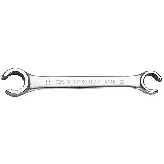 Facom double open-end chrome wrench, SKU 42_8X10, photography, top view on white background.