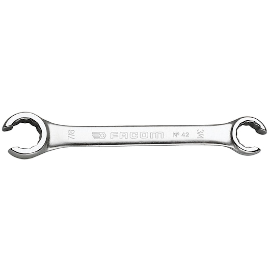 Facom double open-end wrench, SKU 42_9_16x5_8, silver tool photography, top angle on white background