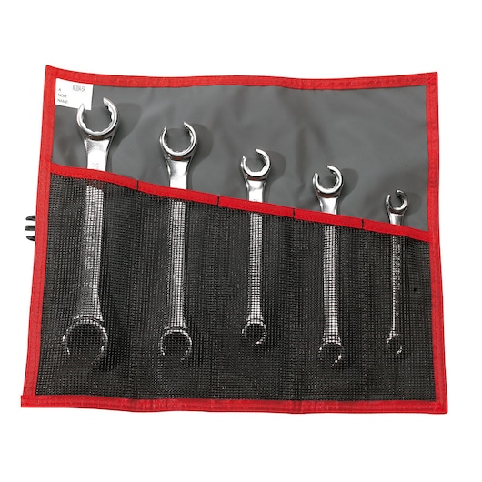 Facom 42_JE5T wrench set in black mesh roll case, top view, showing five chrome wrenches.