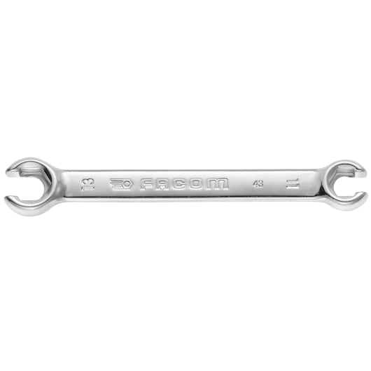 Facom double open end wrench, chrome finish, model 43_11X13, top view on white background.