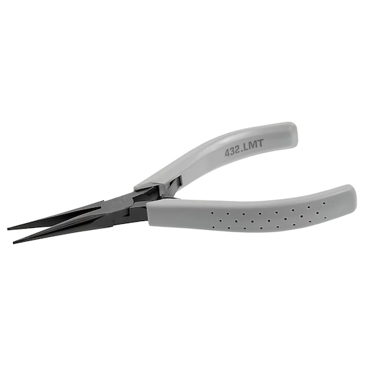 Facom 432_LMT long nose pliers with grey perforated handles, side angle, white background.