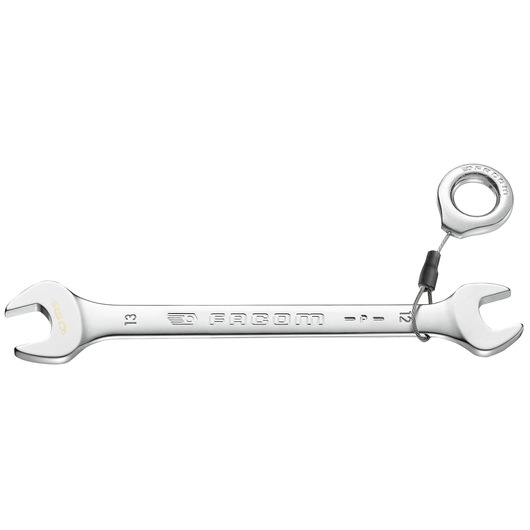 Facom 44_16X17SLS silver open-end wrench with tether attachment, side view on white background.