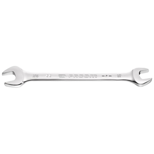 Facom combination open-end wrench, SKU 44_1P1_8X1P1_4, silver, dual size 7/16 and 1/2, side view on white.