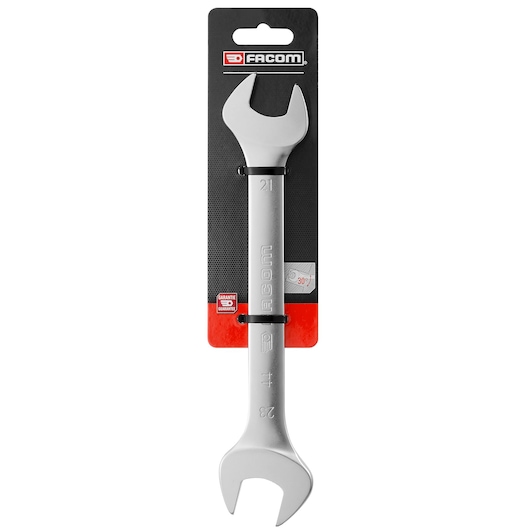 Photo of Facom 44.21X23PB double open-end wrench, silver, on retail packaging, front angle, hand tool category.