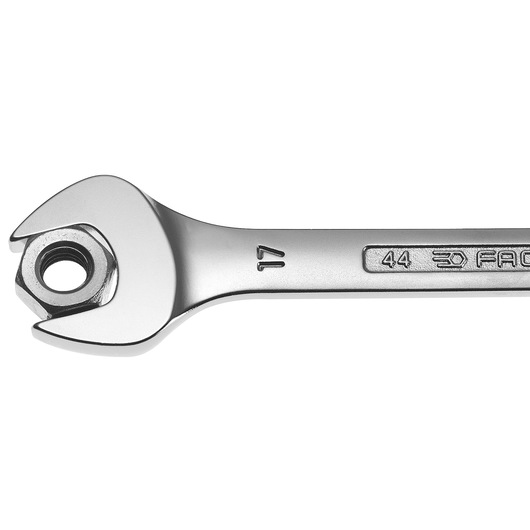 Photo of Facom 44_6X7 chrome open-end wrench with embossed size marking, shown from above on white background.