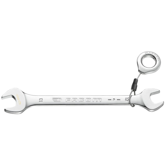 Facom 44_8X9SLS double open-end wrench with tether attachment, silver, side view, photography
