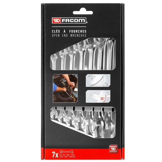 Facom SET_OF_7_44_WRENCHES open end wrench set, silver, in retail packaging, front angle.