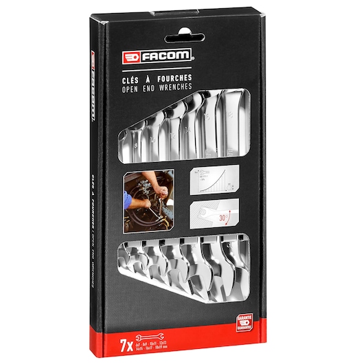 Facom 7-piece open end wrench set SET_OF_7_44_WRENCHES in retail packaging, angled front view.