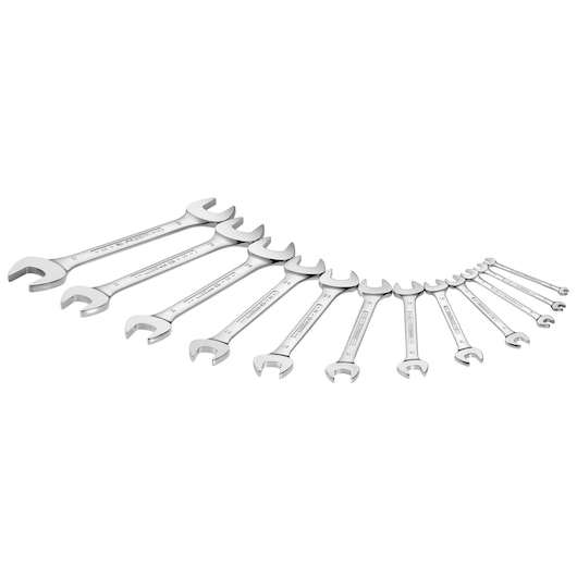 Facom 44JE16 open-end wrench set photography, silver finish, set of sixteen, angled view.