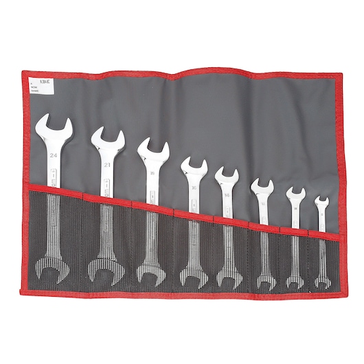 Facom 44JE8T set of eight open-end wrenches in a gray and red roll-up pouch, front angle.