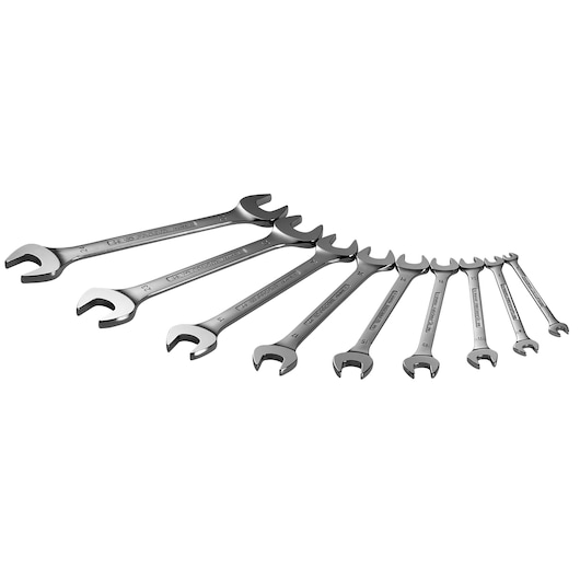Facom 44JE8 open-end wrench set, eight silver wrenches in different sizes arranged diagonally, white background.