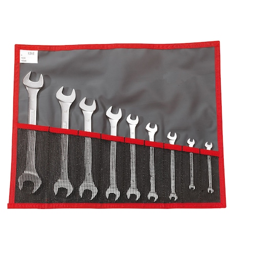 Facom wrench set 44JE9T in roll-up pouch, nine silver wrenches with red and black trim, top view.