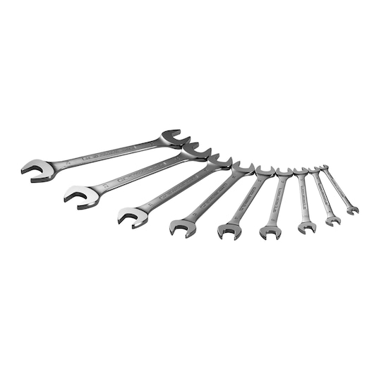 Facom 44JE9 set of nine open-end wrenches in various sizes, silver finish, angled view on white background.