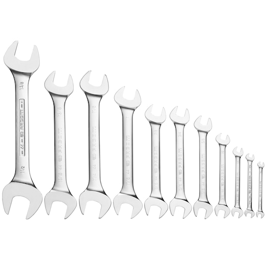 Facom 44JU11A photography of open-end wrench set, silver, arranged in size order, white background.
