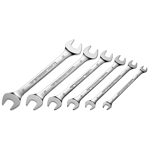 Facom 44_JU6 set of seven chrome open-end wrenches, photography, top angle on white background.