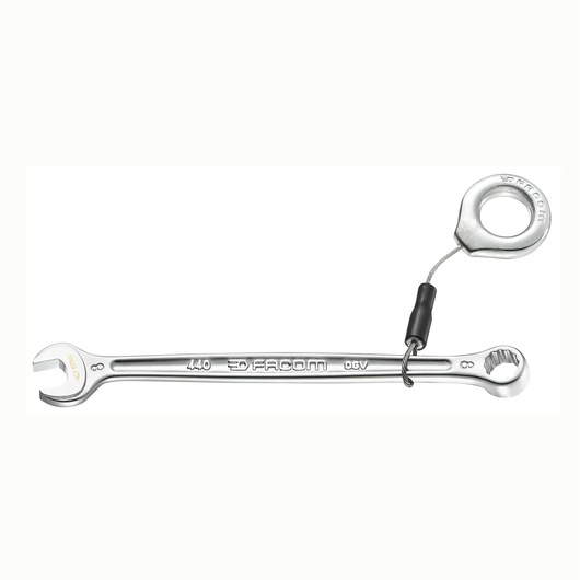 Facom 440_10SLS silver combination wrench with tethering ring, side angle, on white background.