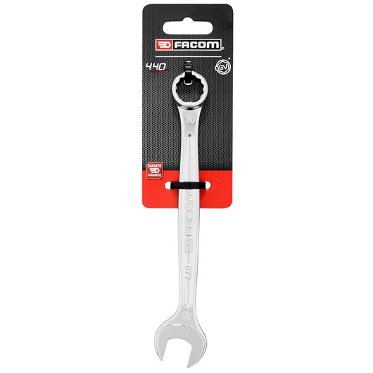 Facom 440_16PB combination wrench, silver, front view, attached to retail packaging.