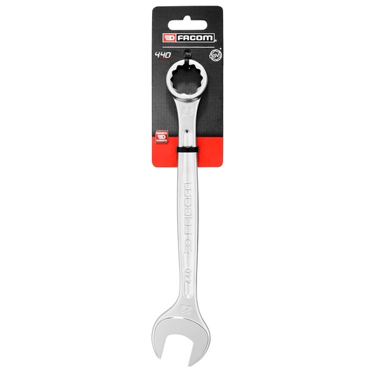 Photo of Facom 23mm combination wrench 440_23PB_P1 with chrome finish, shown on retail packaging, front angle.