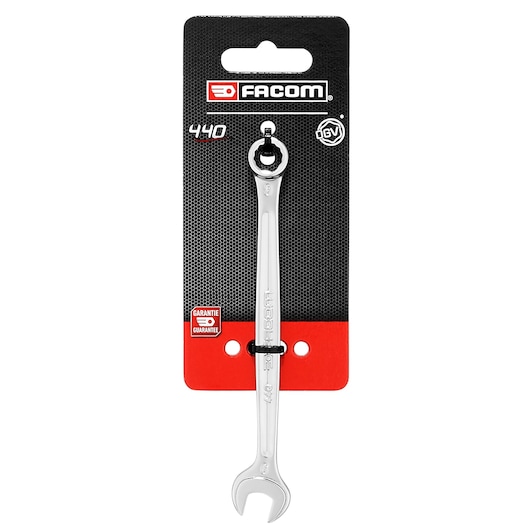 Facom combination wrench 440_9PB front view on branded packaging, chrome finish, open and ring ends.