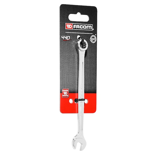Facom 440_9PB combination wrench in silver, displayed on branded packaging, front view.