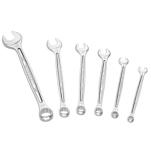Facom 440.J6PB set of six combination wrenches, polished chrome finish, arranged in size order, front angle.