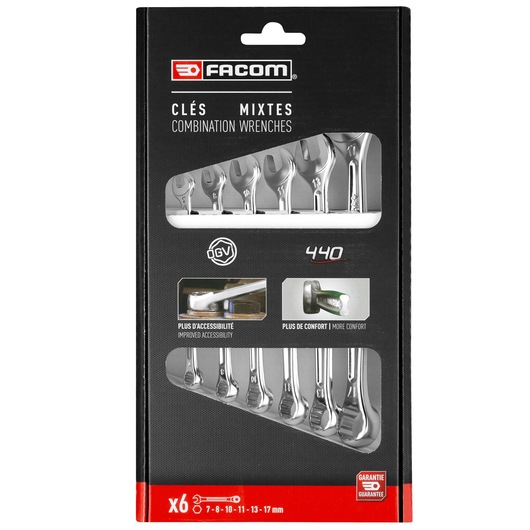 Facom 440.J6PB combination wrenches set, six-piece, silver, in retail packaging, front view.