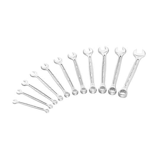 Facom 440_JE11 combination wrench set, 11 silver tools, arranged in an arc, photography, white background.