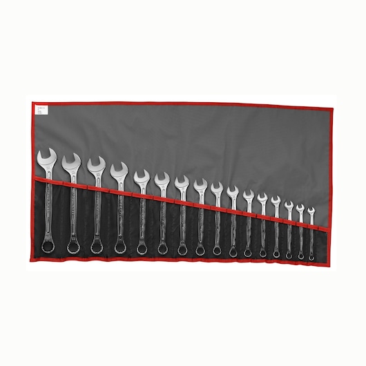 Facom 440JE16T wrench set in roll-up pouch, top view, showing sixteen silver wrenches organized by size.