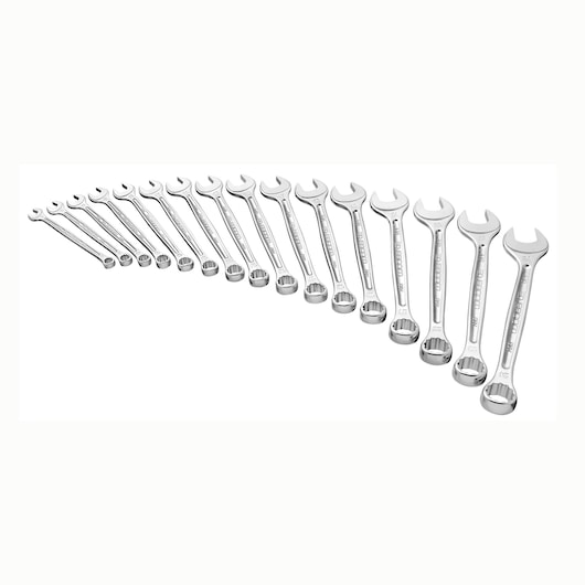 Facom 440JE16 combination wrench set SKU 440JE16, 16 pieces, side angle, chrome finish, white background.