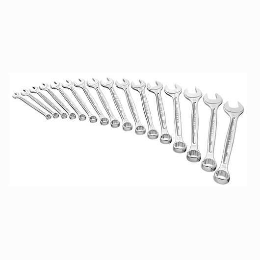 Facom 440JE18 combination wrench set, 18-piece, chrome finish, angled view on white background.