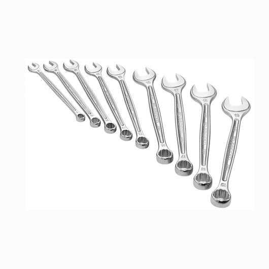Facom 440_JE9 photography of nine chrome combination wrenches arranged diagonally, white background.