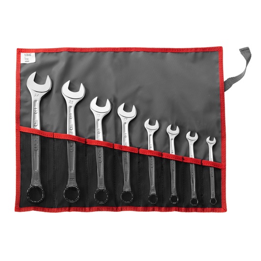 Facom 440_JN8T wrench set in roll-up pouch, photography, front angle, eight silver wrenches in black pouch.