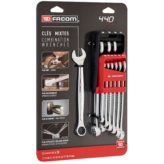 Facom 440.JP10PB combination wrenches set in retail packaging, top front angle view, includes ten chrome wrenches in red holder.
