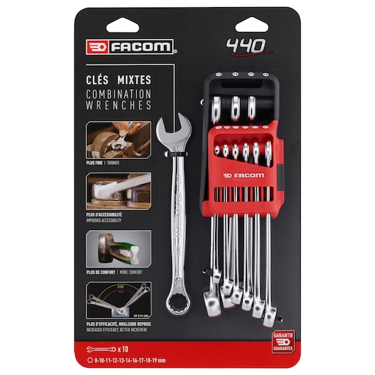 Facom 440.JP10PB combination wrench set, 10 pieces in red holder, with packaging, front angle.