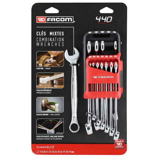 Photo of Facom 440.JP12APB combination wrench set, 12 pieces with red holder, front packaging view on white background.