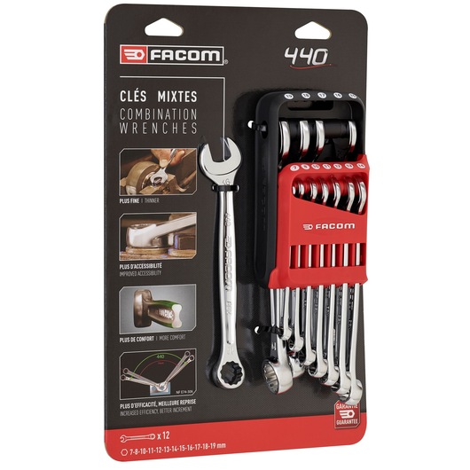 Facom 440.JP12APB combination wrenches set, 12 pieces, silver chrome, in red and black holder, angled front view.