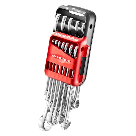 Facom 440JP12A combination wrench set in red holder, top angle, chrome finish, twelve pieces.