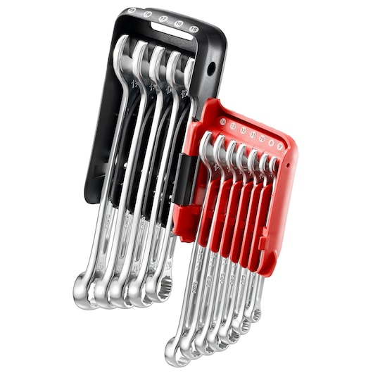 Facom 440JP12A combination spanner set of 12 in red and black holder, angled view on white background.