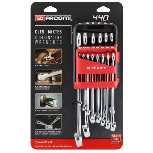 Facom 440.JP14PB combination wrenches set, 14 pieces in red and black holder, front view on retail packaging.