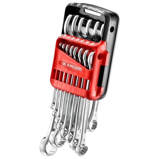 Facom 440JP14 combination spanner set with red holder, 14 chrome wrenches, angled view on white background.
