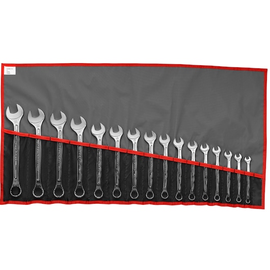 Facom 440_JU17T combination wrench set in a black and grey roll-up pouch, front view.