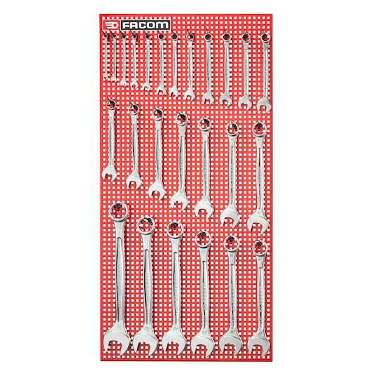 Facom 440P25M combination wrench set on red pegboard, top-down angle, SKU 440P25M.