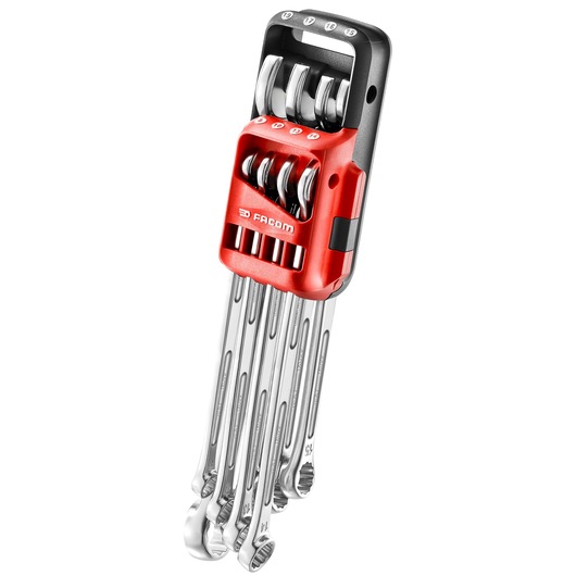 Facom 8-piece combination wrench set 440XL_JP8PB with red and black holder, front angle on white background.