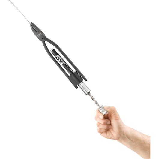Facom safety wire twisting pliers 445_10DS held in a hand, front angle, with wire loaded, against white background.