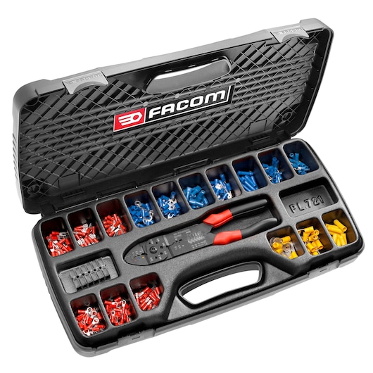 Facom 449_Z3A crimping tool kit, black case open, assorted red, blue, yellow connectors, photography front angle.