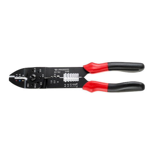 Facom 449B wire stripper and crimper with black body, red and black handles, side angle, white background.